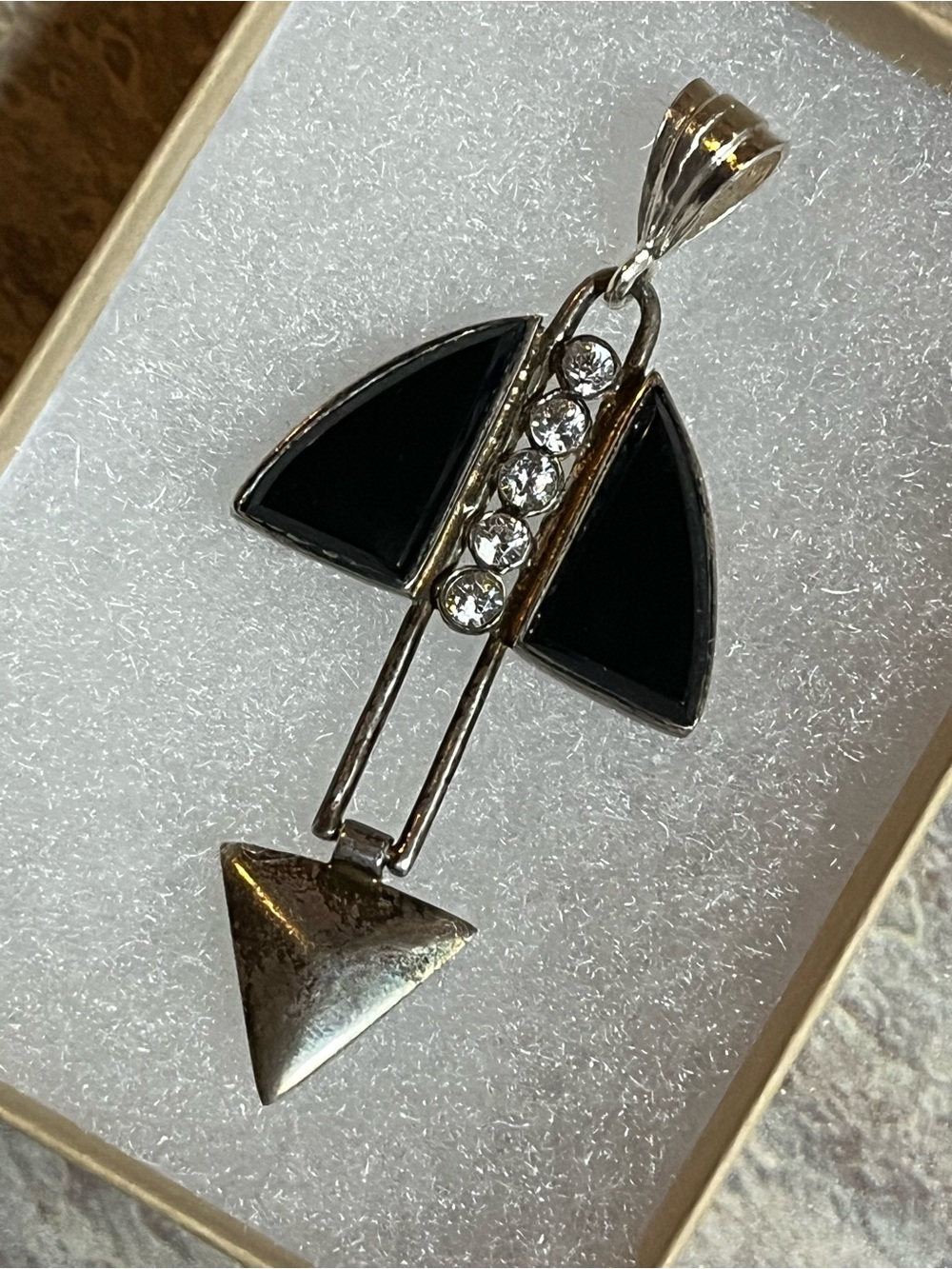 Art Deco SterlingSilver and BlackOnyx with Paste Stones GeometricPendantLavalier